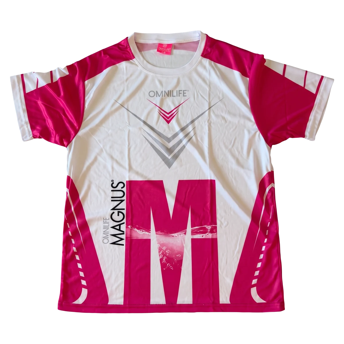 Pink and white sublimated corporate shirt by +58 Apparel