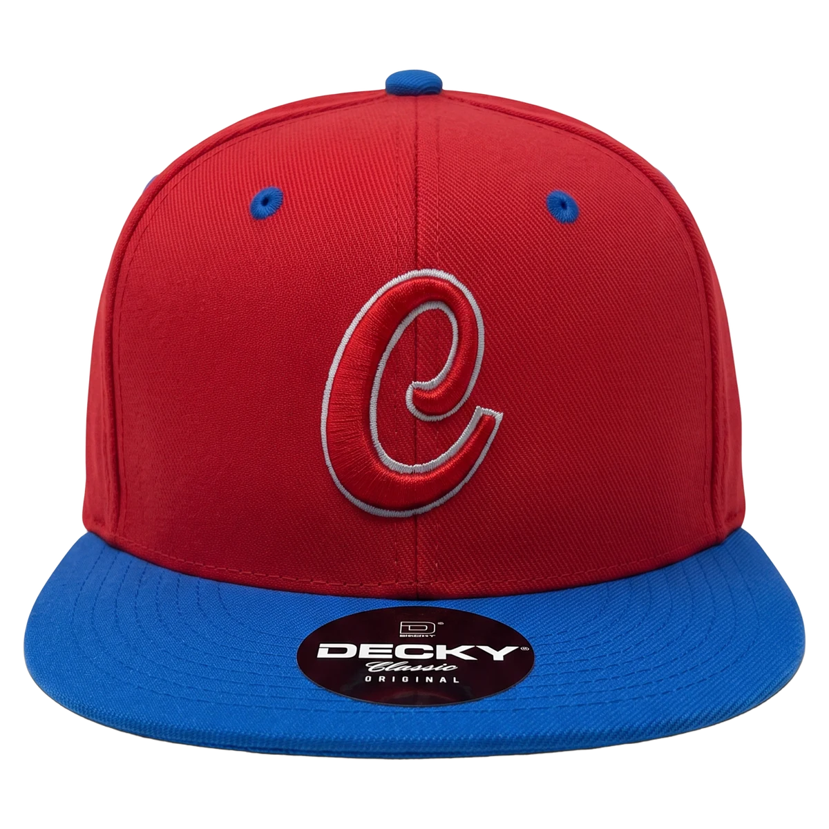 Red and blue snapback cap with embroidered lettering