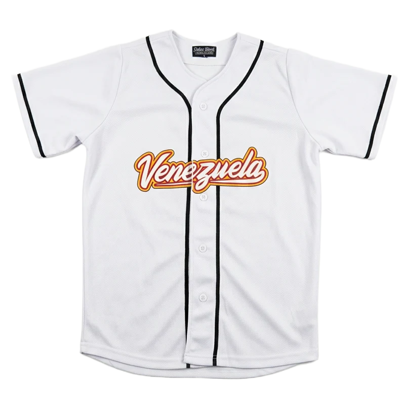 White custom baseball jersey with printed lettering by +58 Apparel