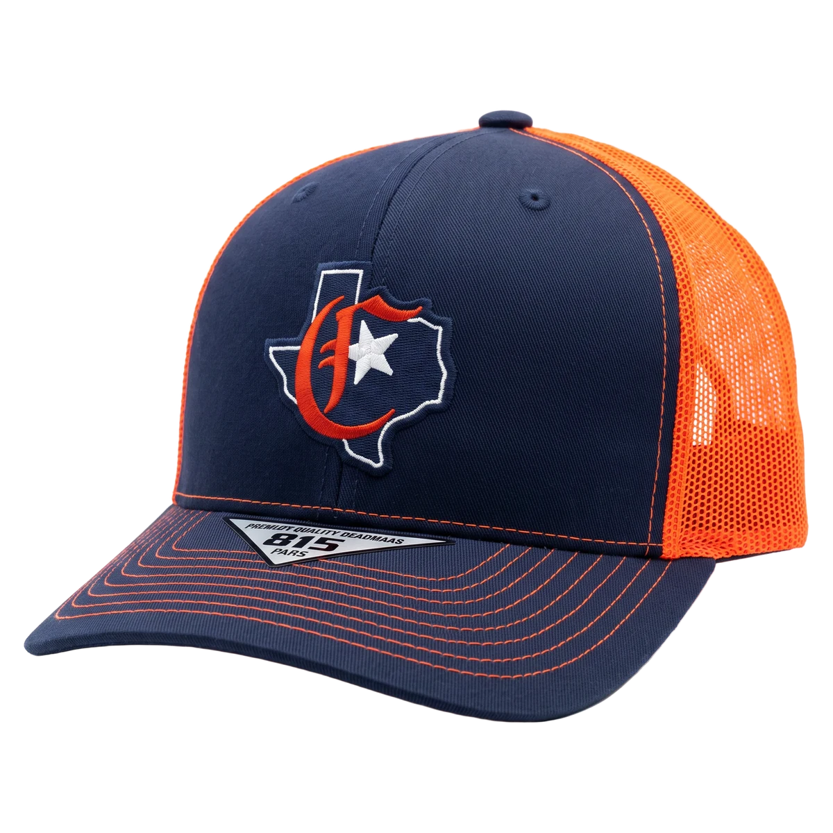 Navy and orange trucker caps with an embroidered Texas logo