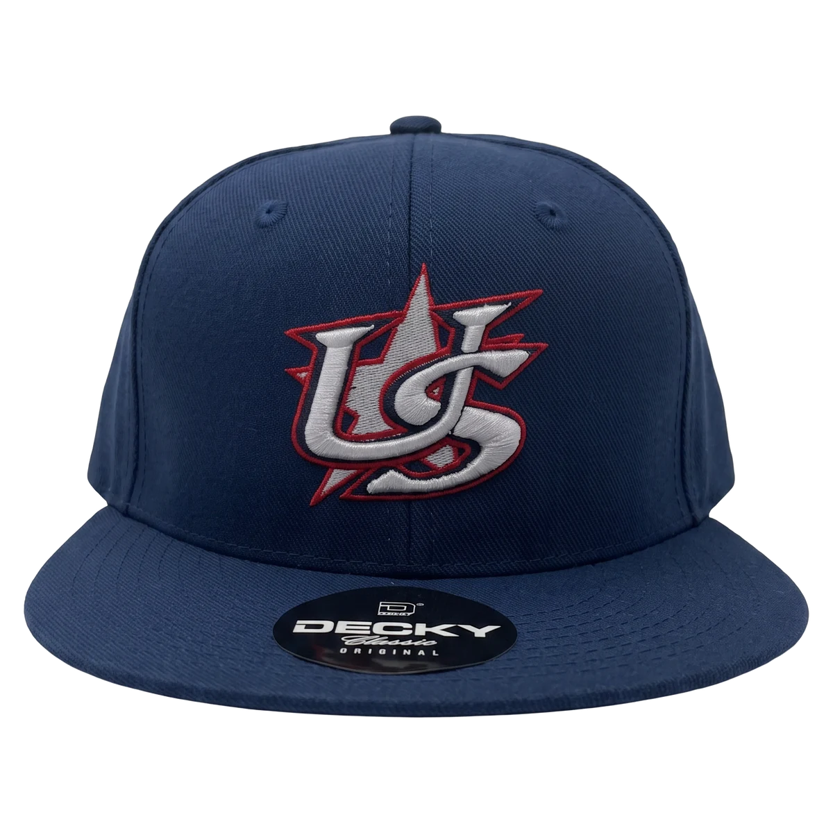 Navy snapback cap with a white and red embroidered emblem