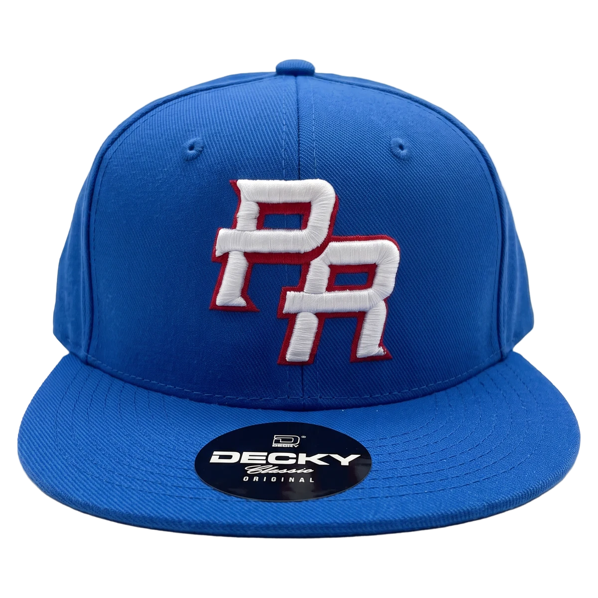 Blue snapback cap with white and red embroidered monogram