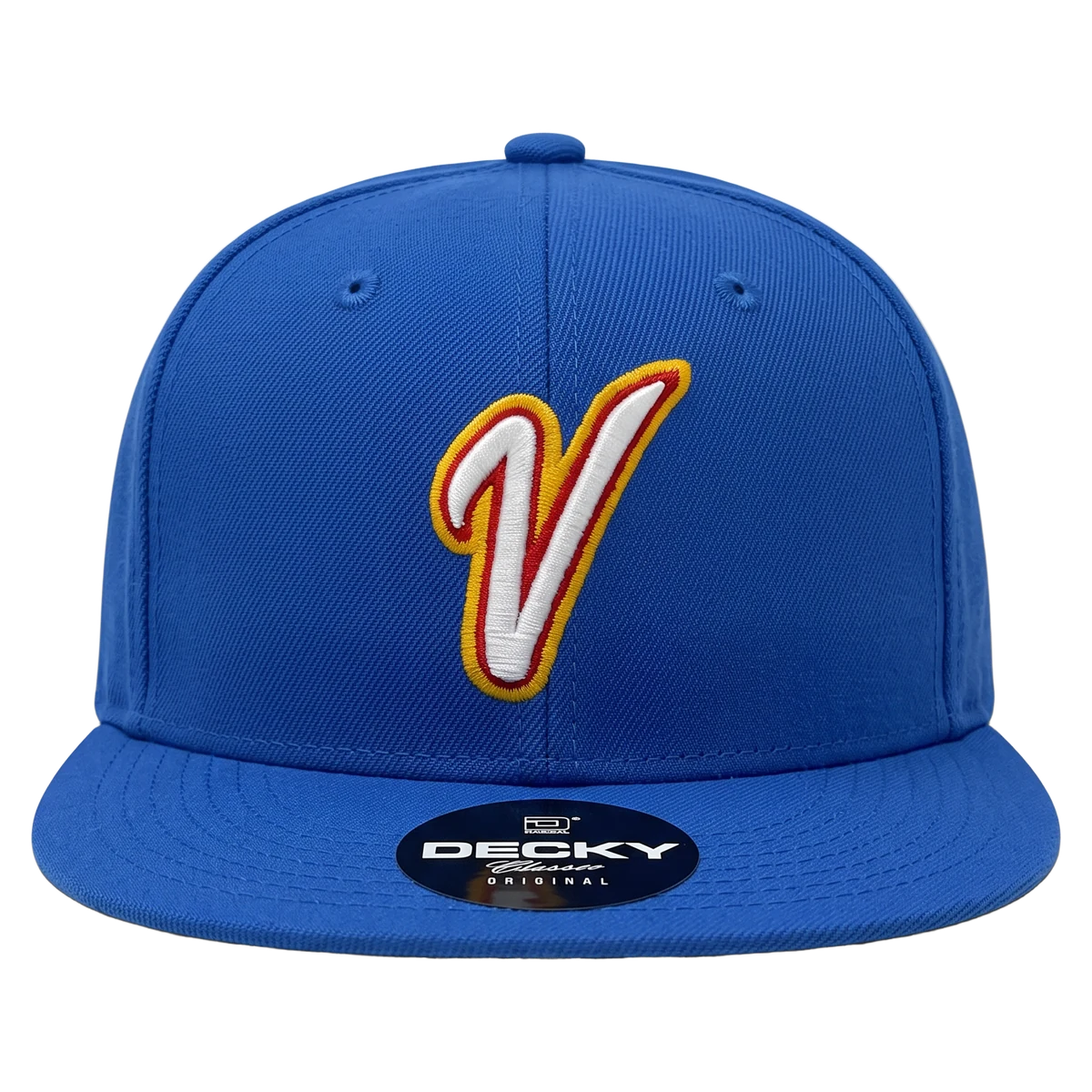 Blue snapback cap with an embroidered white and gold letter