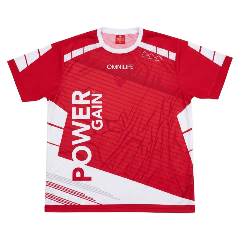 Red and white sublimated corporate shirt by +58 Apparel