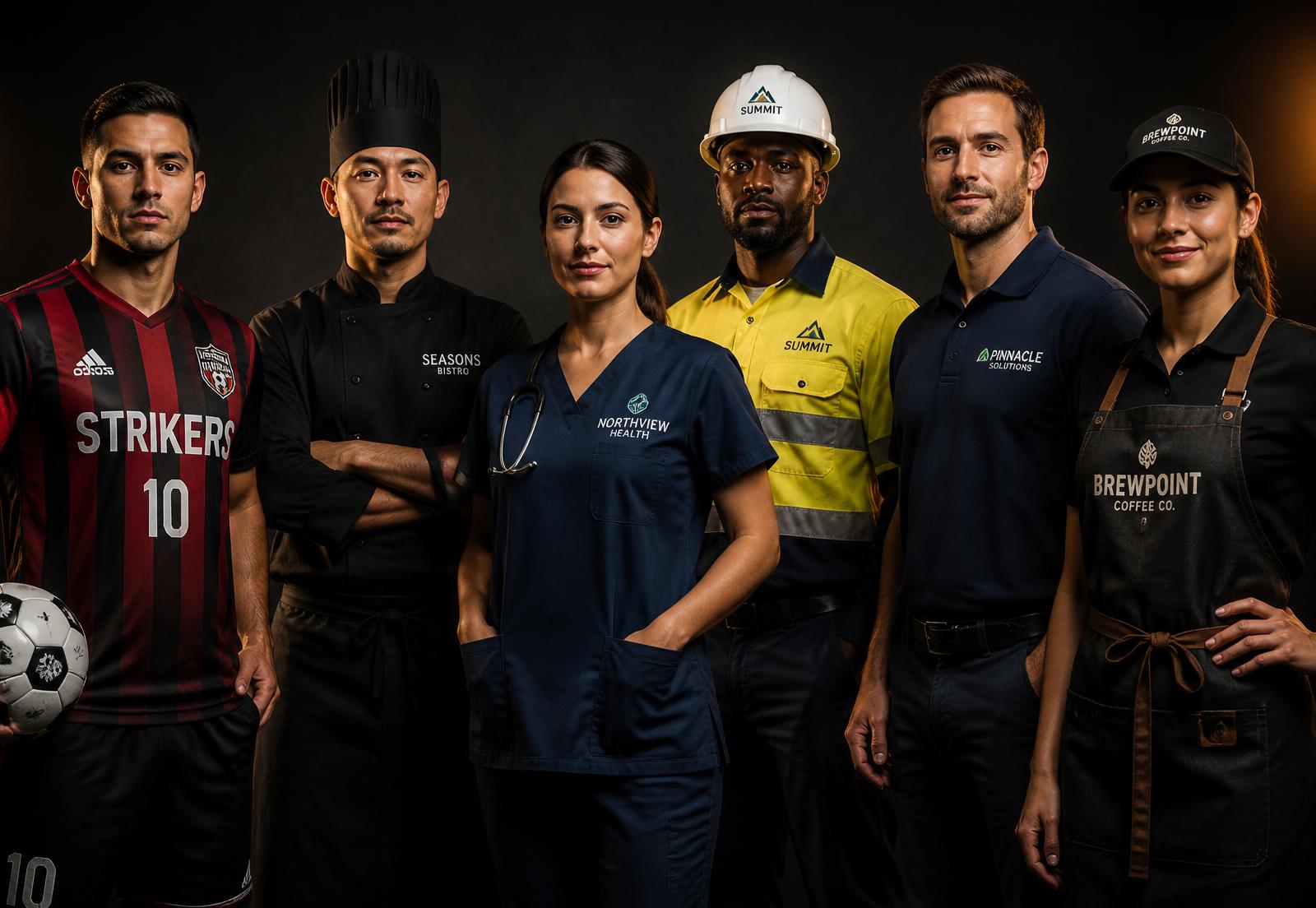 Professionals from different sectors wearing custom uniforms with embroidered logos