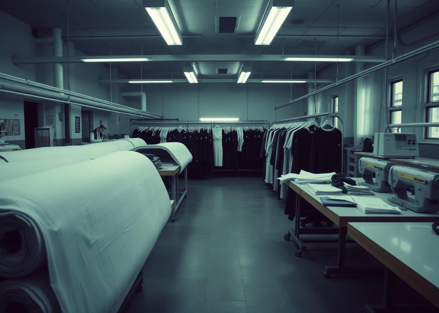 Uniform production workshop with fabric rolls and sewing stations